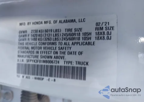 2021 Honda Ridgeline Black Edition из США, поврежденный, VIN 5FPYK3F81MB006724